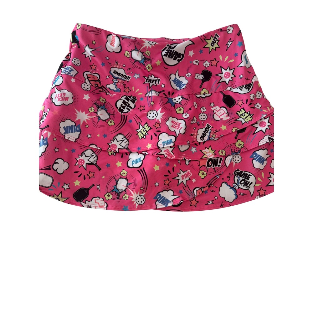 Lucky in Love Pink Pop Art Comic Pickleball Skort Ruffle Athletic Skirt Medium